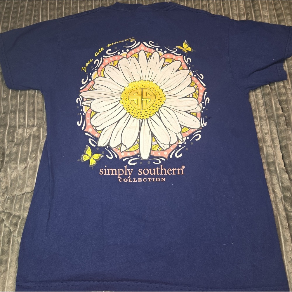 Simply Southern You Are Worthy Daisy Graphic T-Shirt Blue Women's Size Medium
